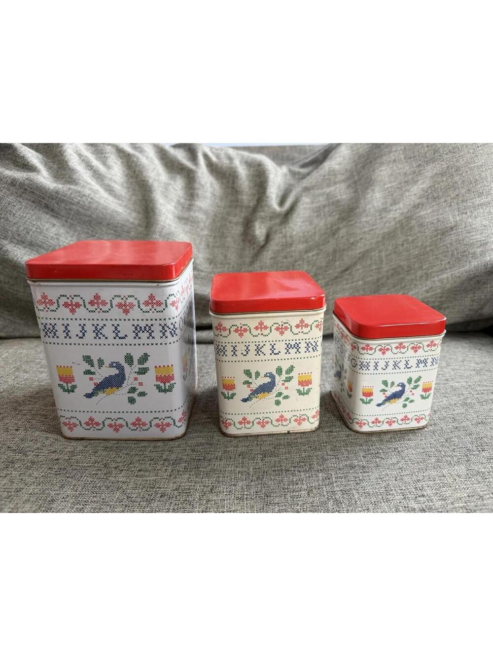 Vintage Canister Set Cross Stitch Sampler Pattern Red Lids Tins Set Of 3 READ